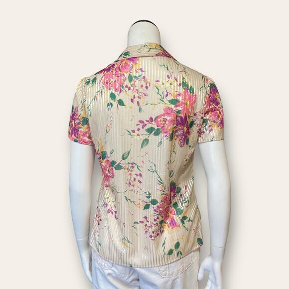 VTG Striped sheer yellow button up with purple floral prints size small - Picture 6 of 7